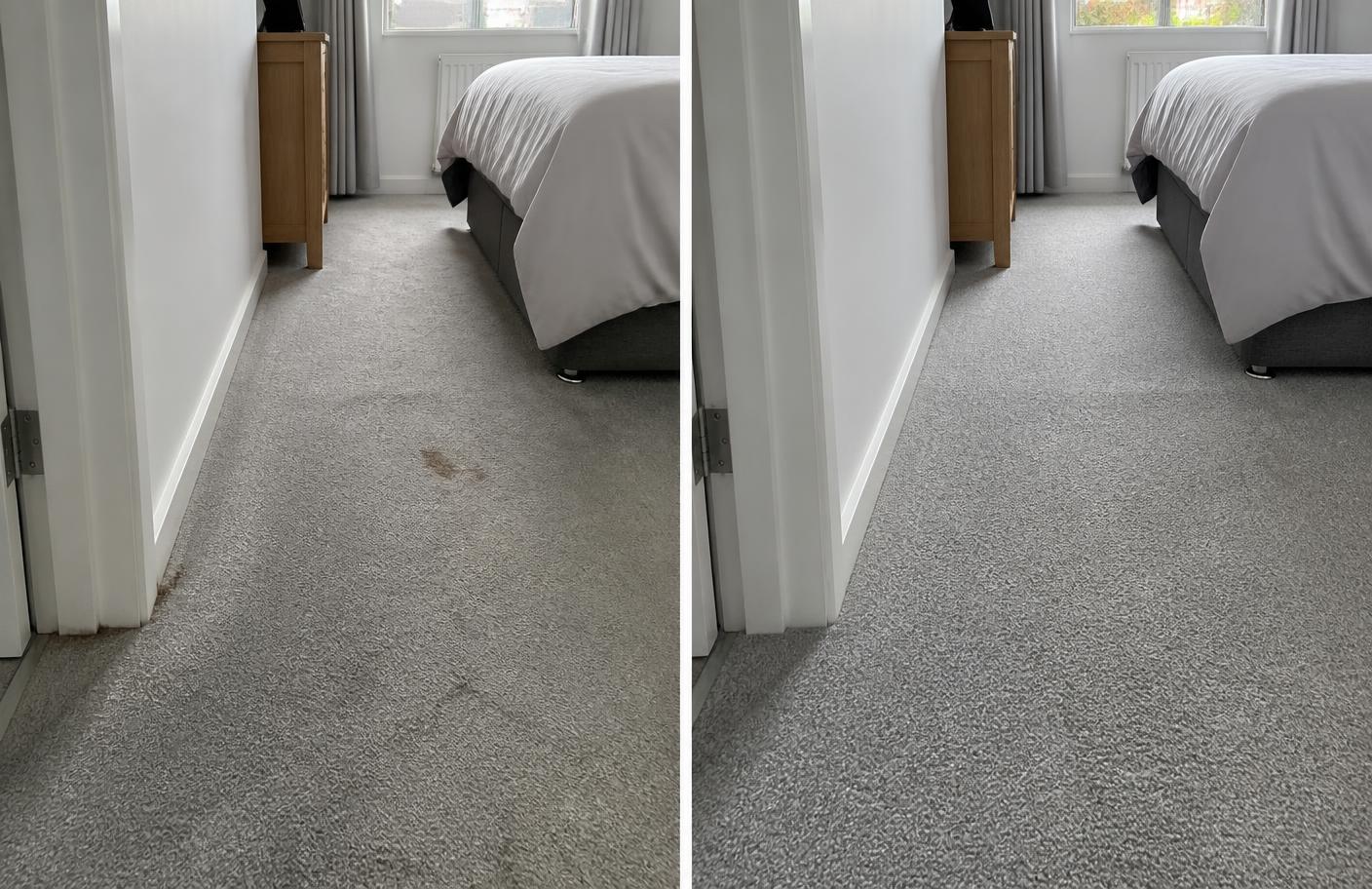 Illustrative split before-and-after view of a grey bedroom carpet following spot treatment and extraction cleaning in Hollinwood