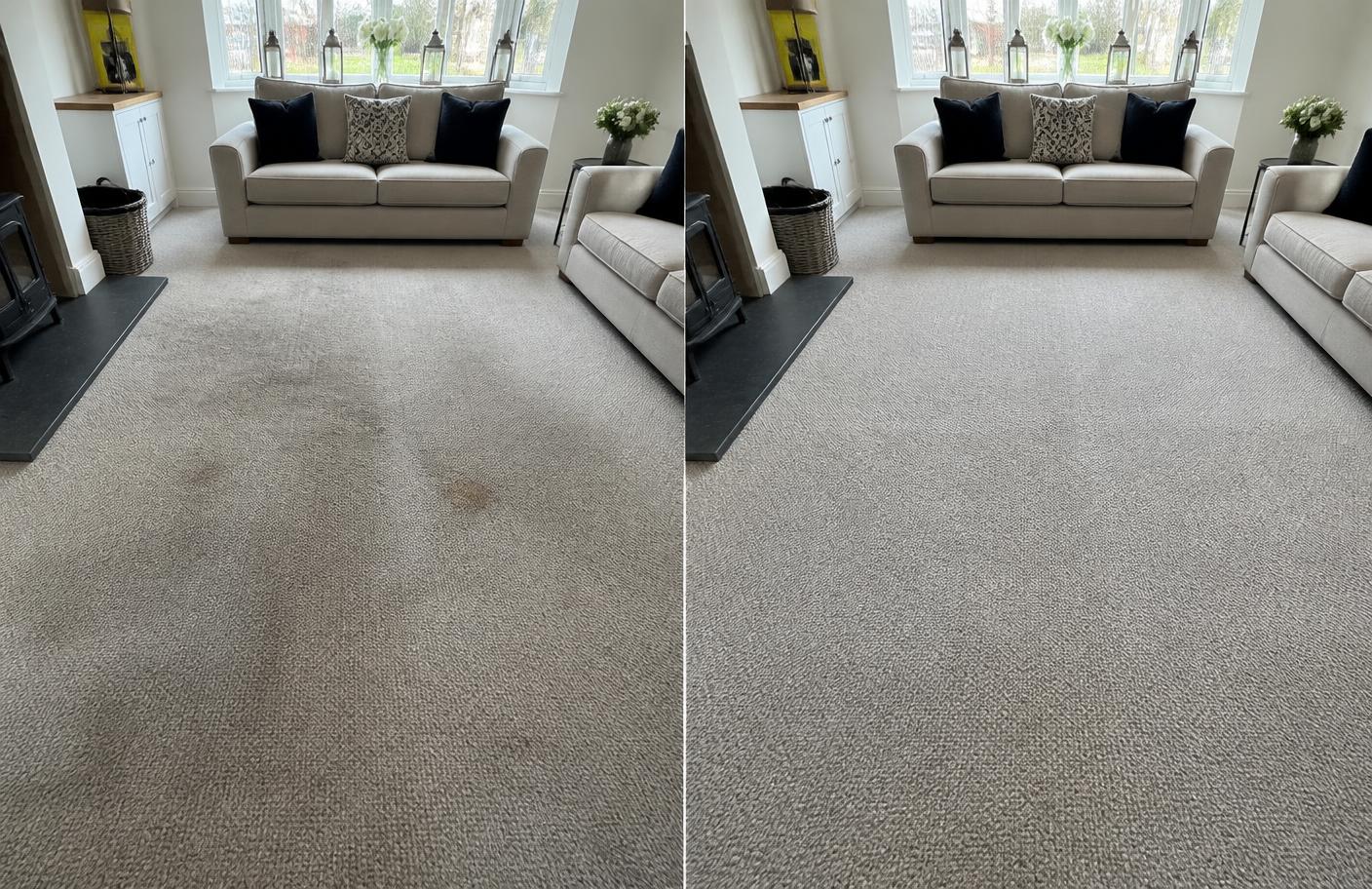 Hello Services cleaner carrying out carpet cleaning in Hollinwood, Oldham — typical local terraced mill rows off Hollins Road