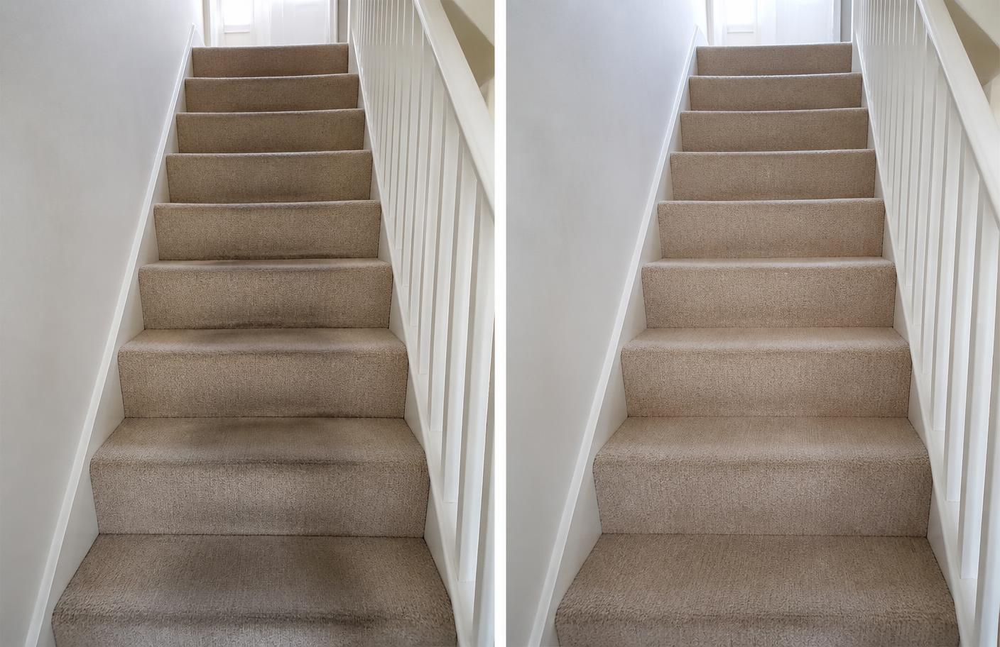Illustrative split before-and-after view of beige stair carpet following professional cleaning in Hollinwood