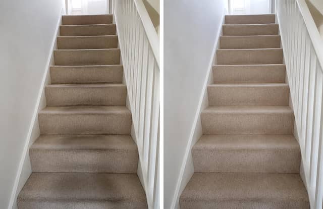 Stair runners cleaned edge to edge without soaking the treads — Carpet cleaning by Hello Services