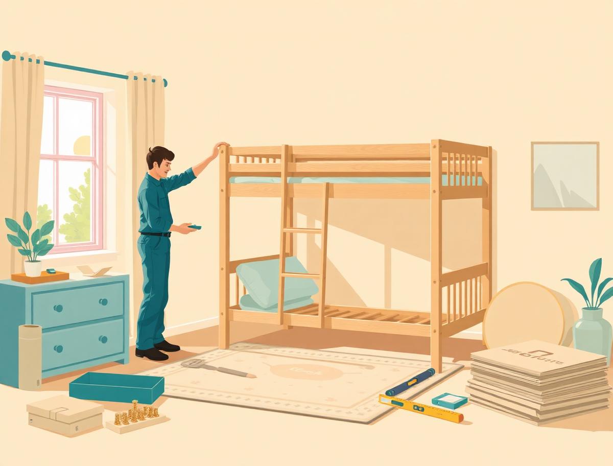 Illustration of a Hello Services fitter building and safety-checking a bed in Croydon