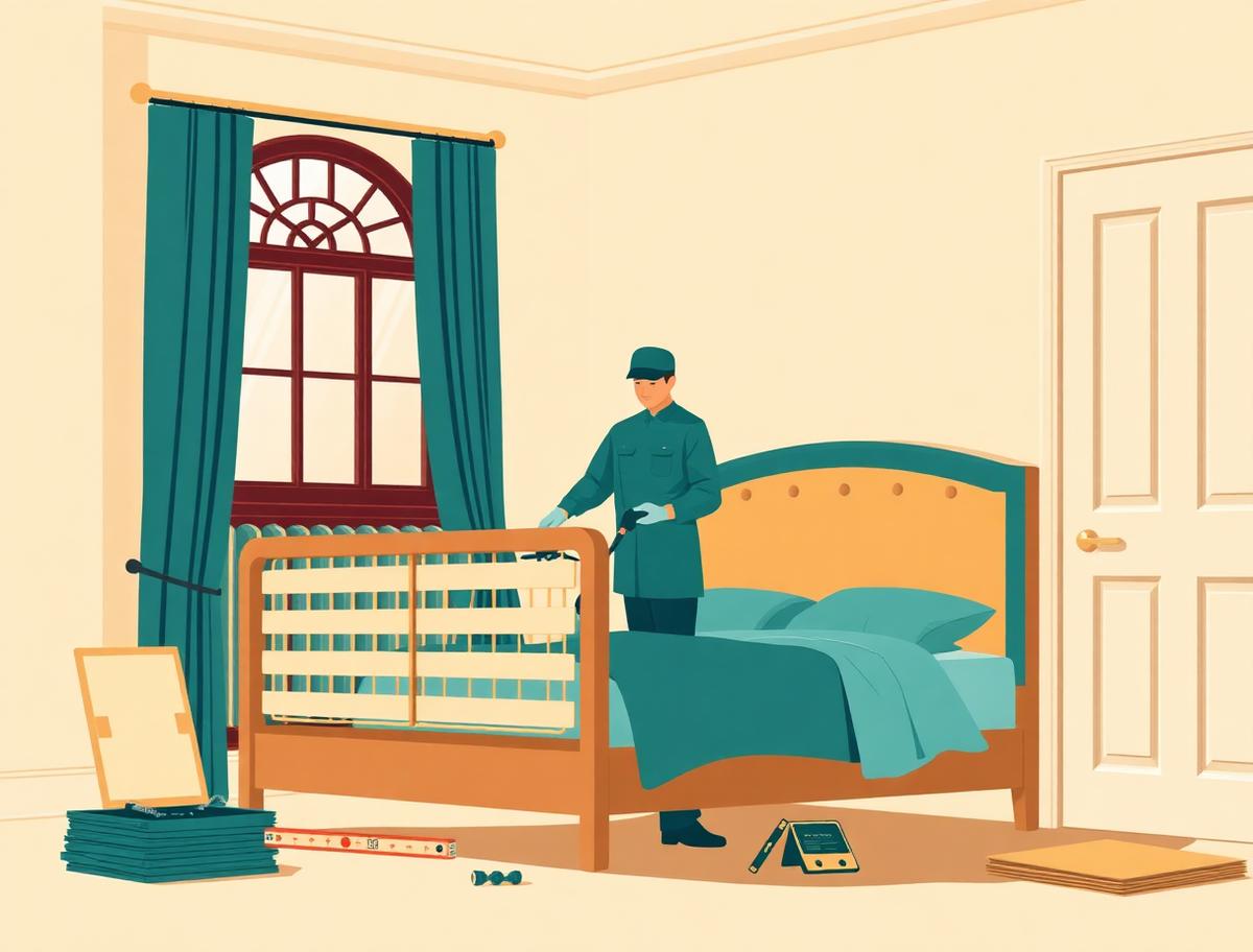 Illustration of a Hello Services fitter building and safety-checking a bed in Bexley
