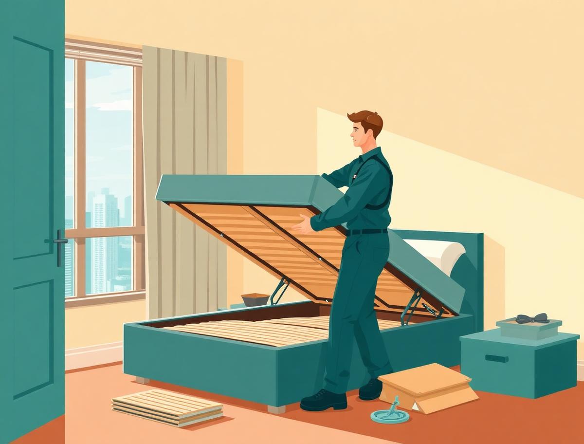 Illustration of a Hello Services fitter building and safety-checking a bed in Hounslow