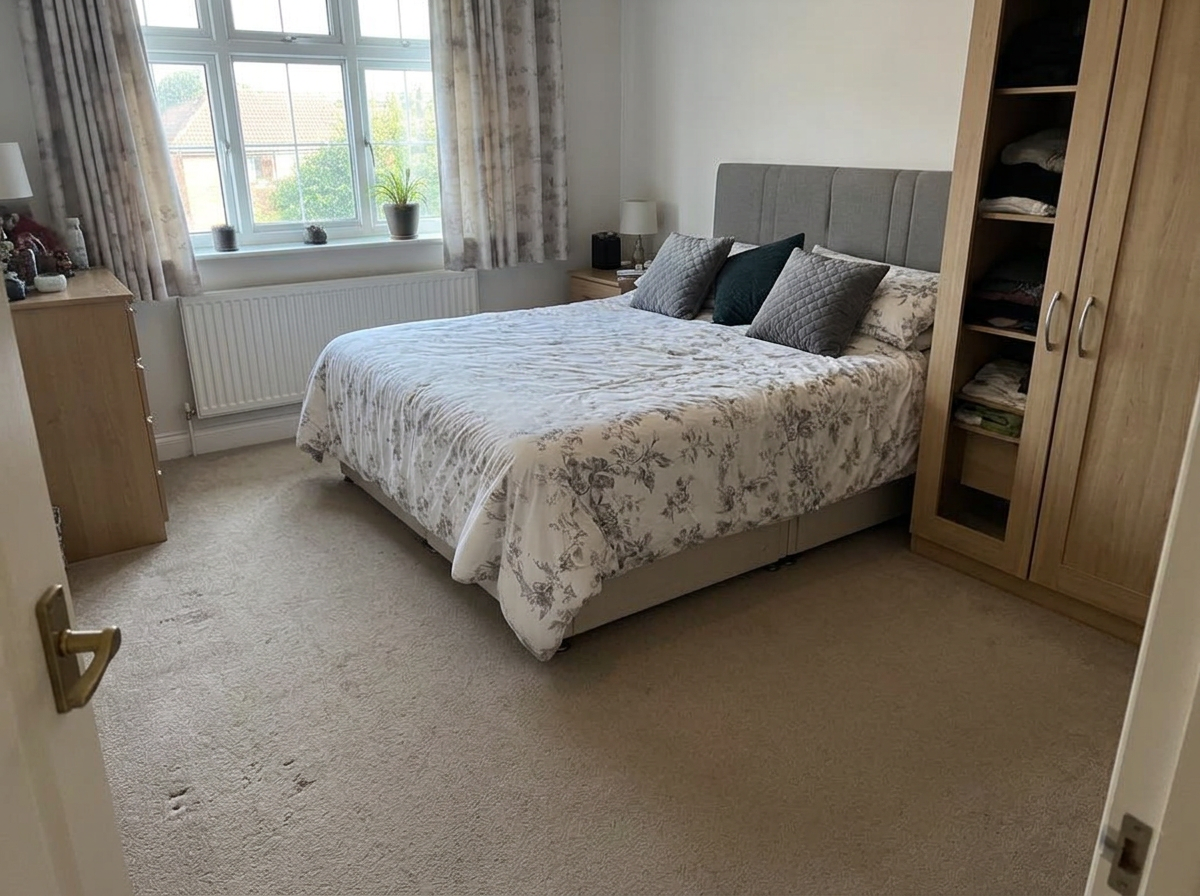 Illustrative bedroom decluttering — after cleaning