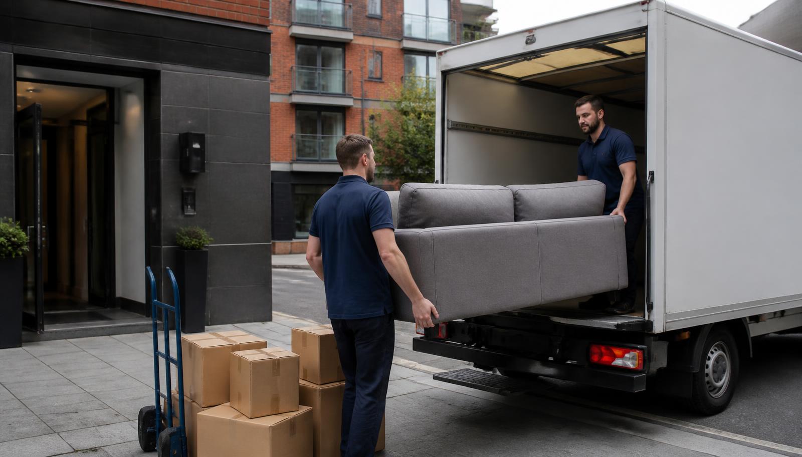 Hello Services clearance crew loading apartment furniture and a mattress carried out through a communal entrance into a licensed van in Abram, Wigan — typical local two-up two-down colliery terraces off Warrington Road