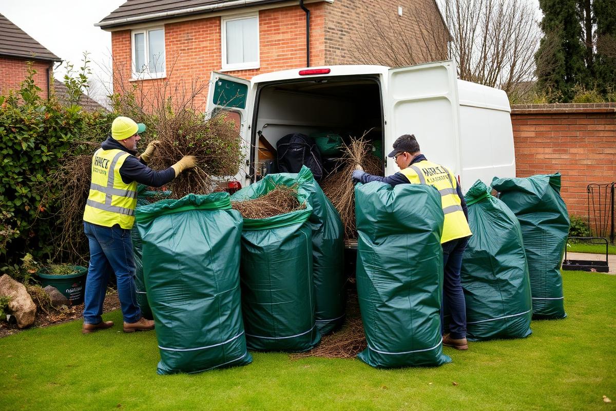 Hello Services clearance crew loading hedge cuttings and green waste bags into a licensed van in Pendleton, Salford — typical local high-rise blocks