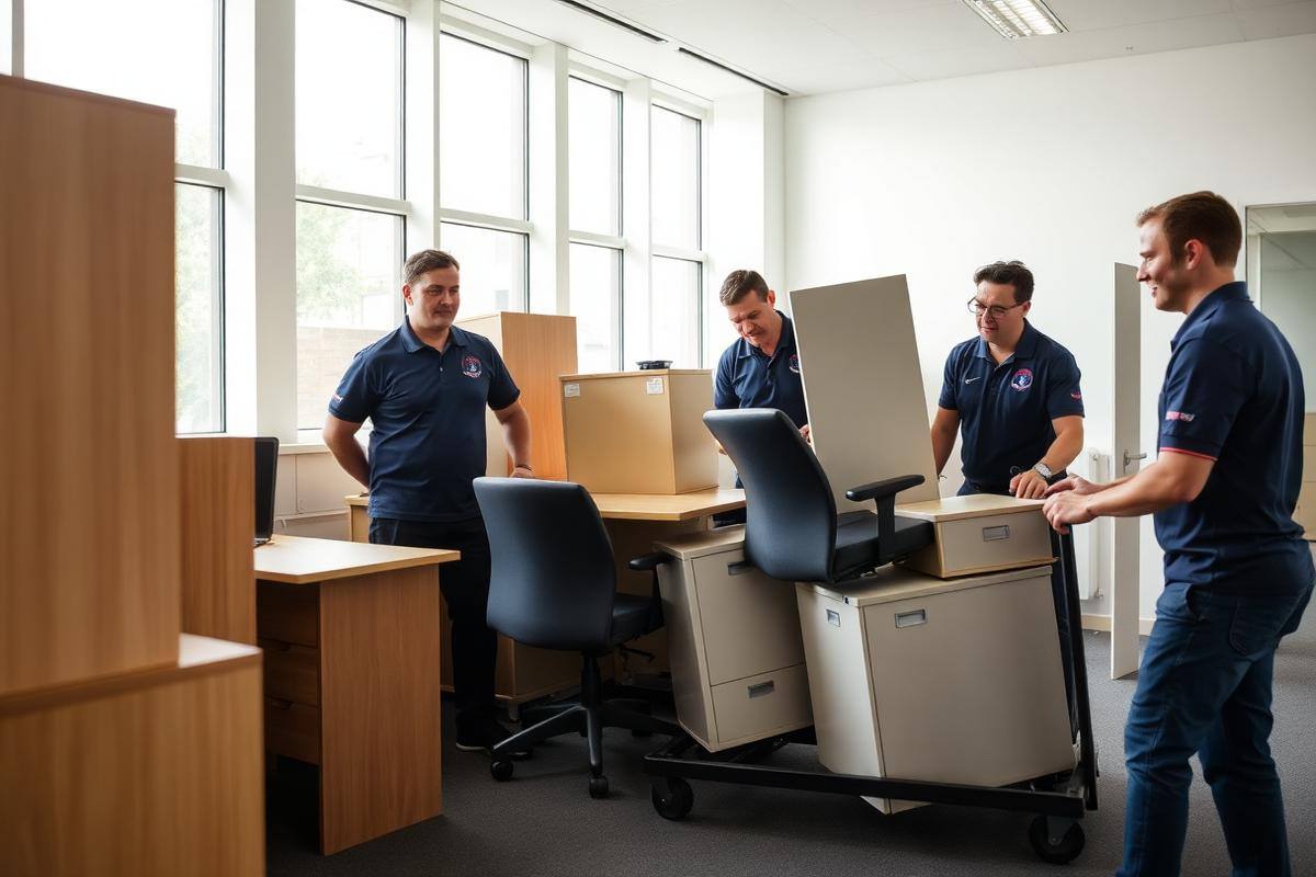Hello Services crew clearing desks and office furniture from a workplace