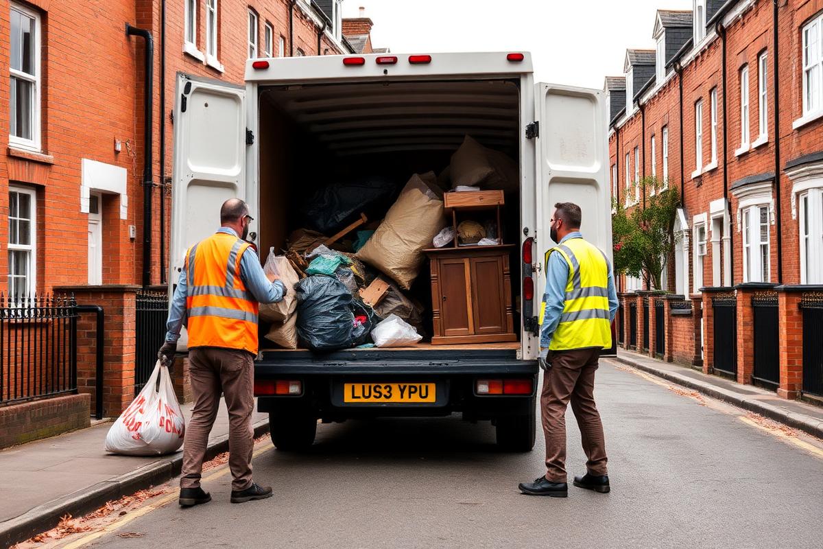 Hello Services clearance crew loading bagged rubbish and bulky items into a licensed van in Uppermill, Oldham — typical local millstone-grit cottages