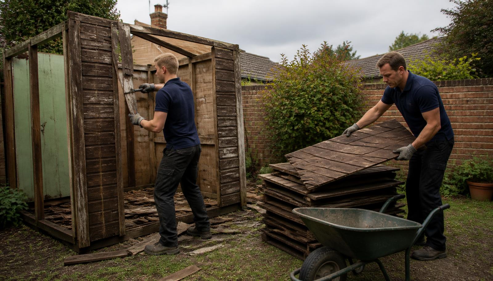 Hello Services clearance crew loading dismantled shed panels and cleared garden storage into a licensed van in Ramsbottom, Bury — typical local millstone-grit terraces