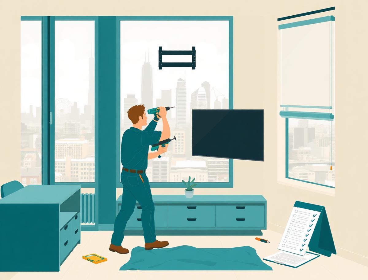 Illustration of a Hello Services handyman working through a job list in Hackney