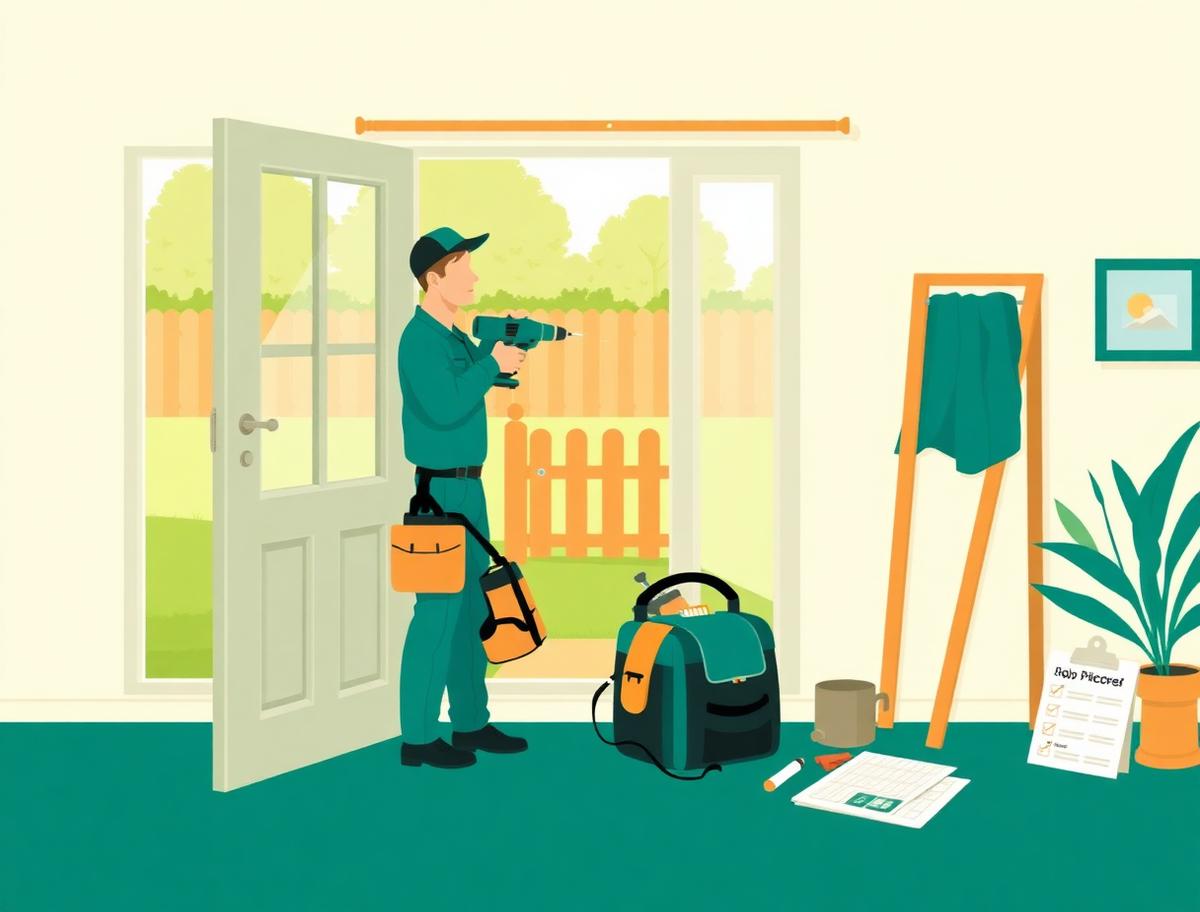 Illustration of a Hello Services handyman working through a job list in Sutton