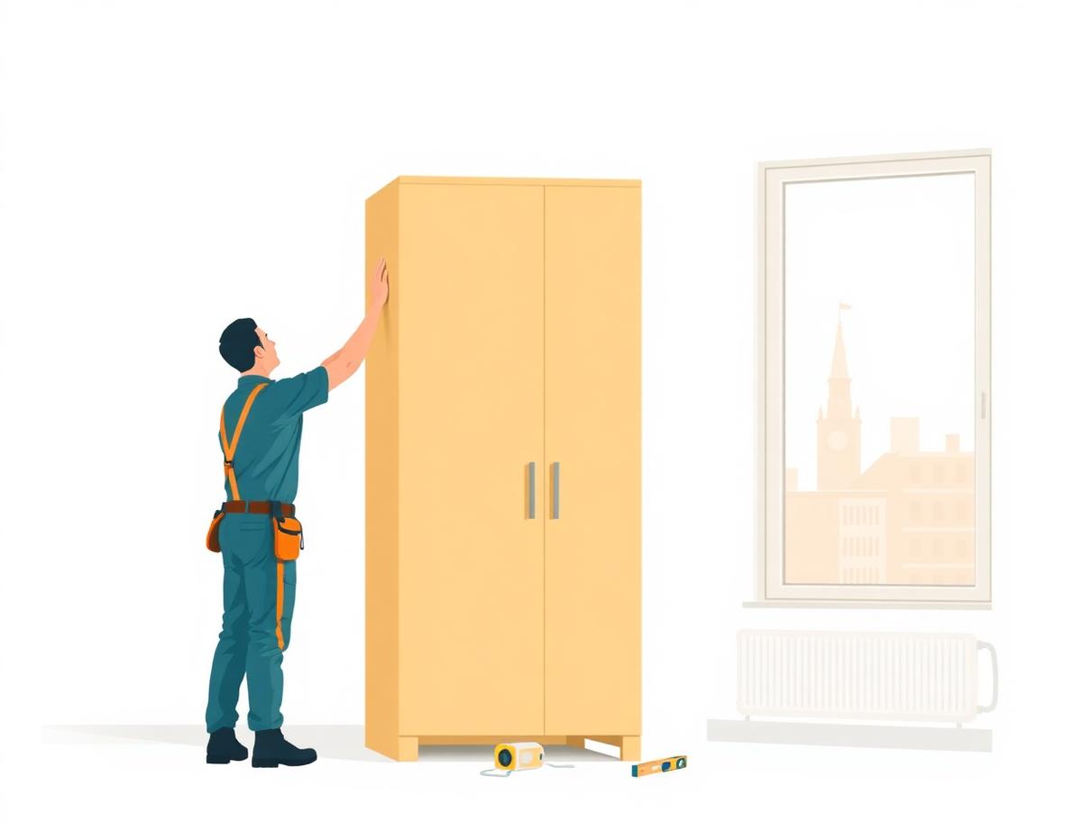 Illustration of a Hello Services fitter assembling flat-pack furniture in Victoria Park E9