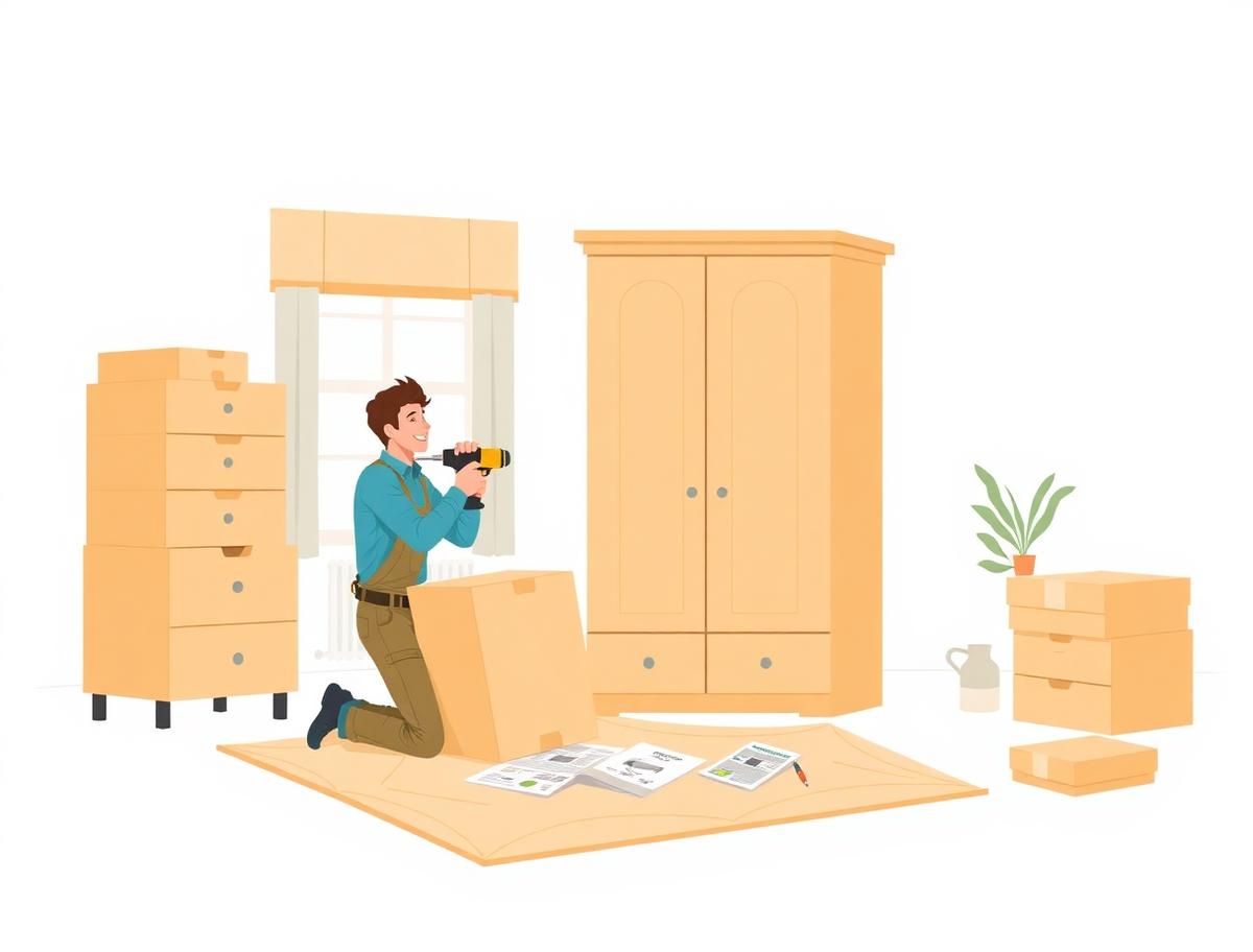 Illustration of a Hello Services fitter assembling flat-pack furniture in Erith DA8