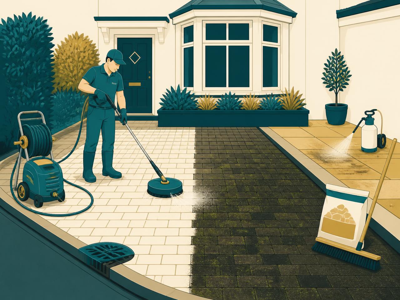 Block-paved driveway restored by jet washing in Greater Manchester — Jet washing by Hello Services
