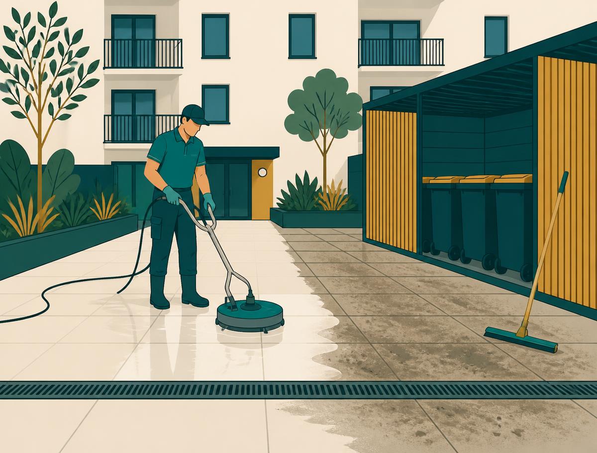 Illustration of a Hello Services technician jet washing a in-situ concrete in Dalston E8