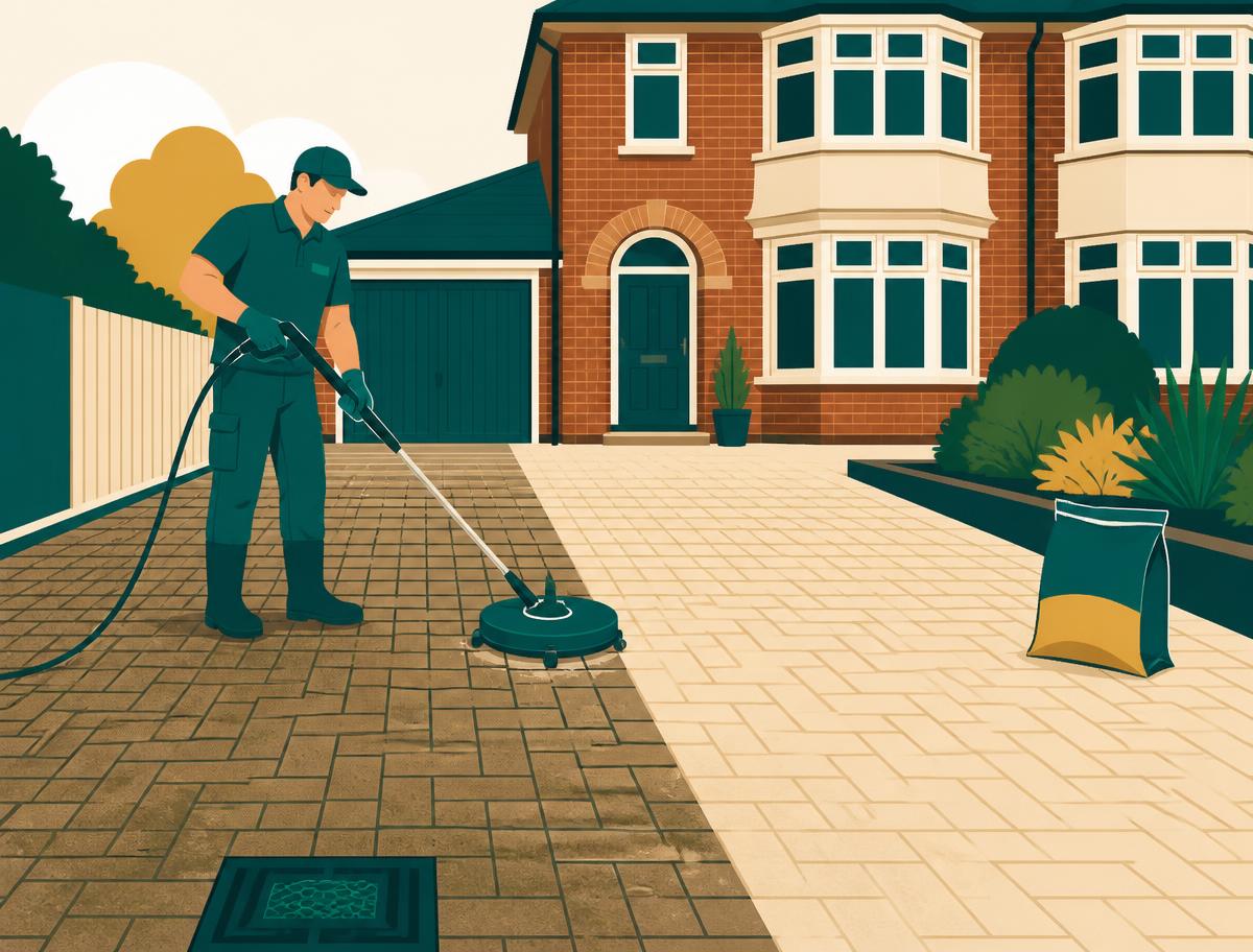 Illustration of a Hello Services technician jet washing a block paving in Sutton