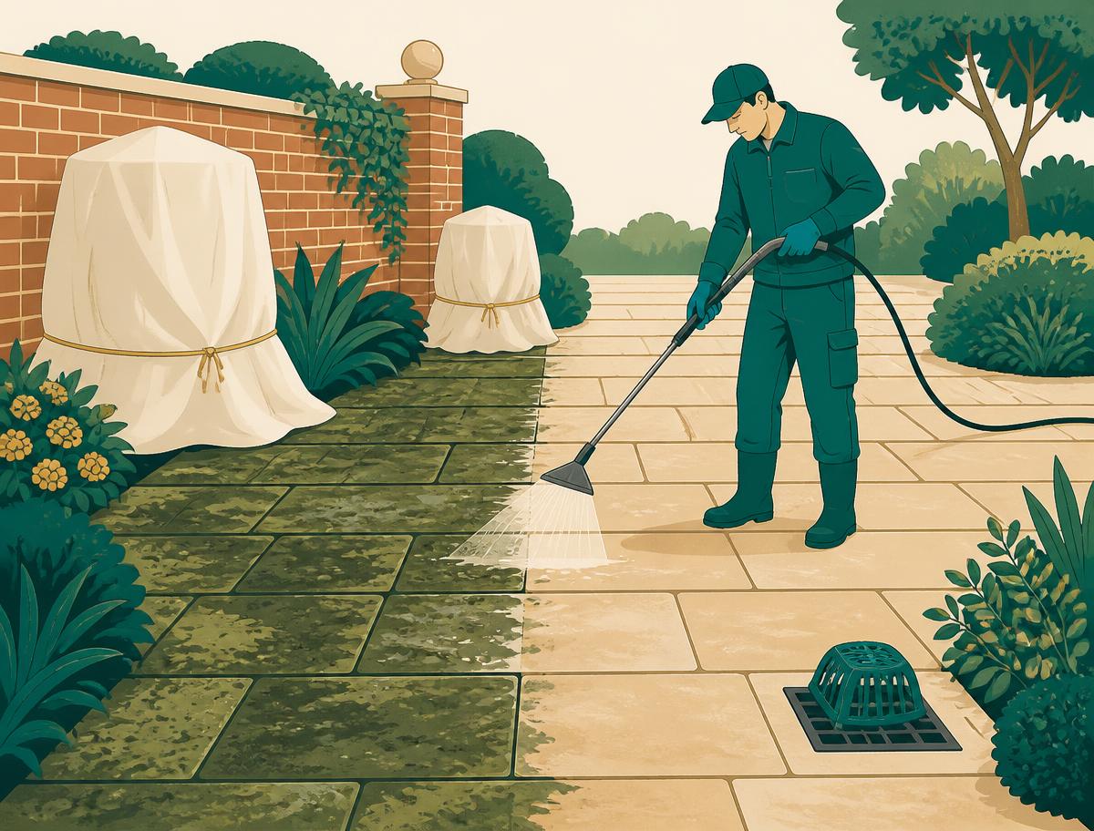 Illustration of a Hello Services technician jet washing a riven sandstone in Rainham RM13