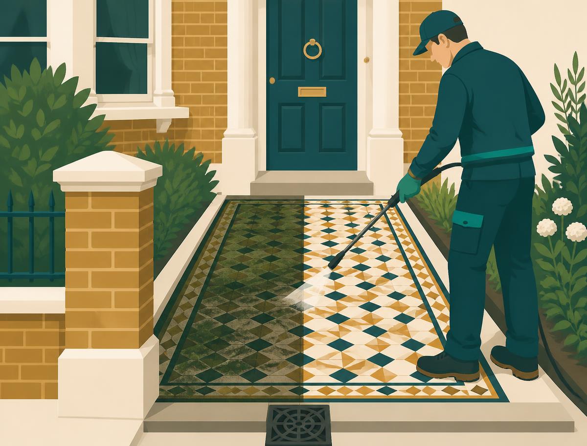 Illustration of a Hello Services technician jet washing a original tessellated tile in Ealing