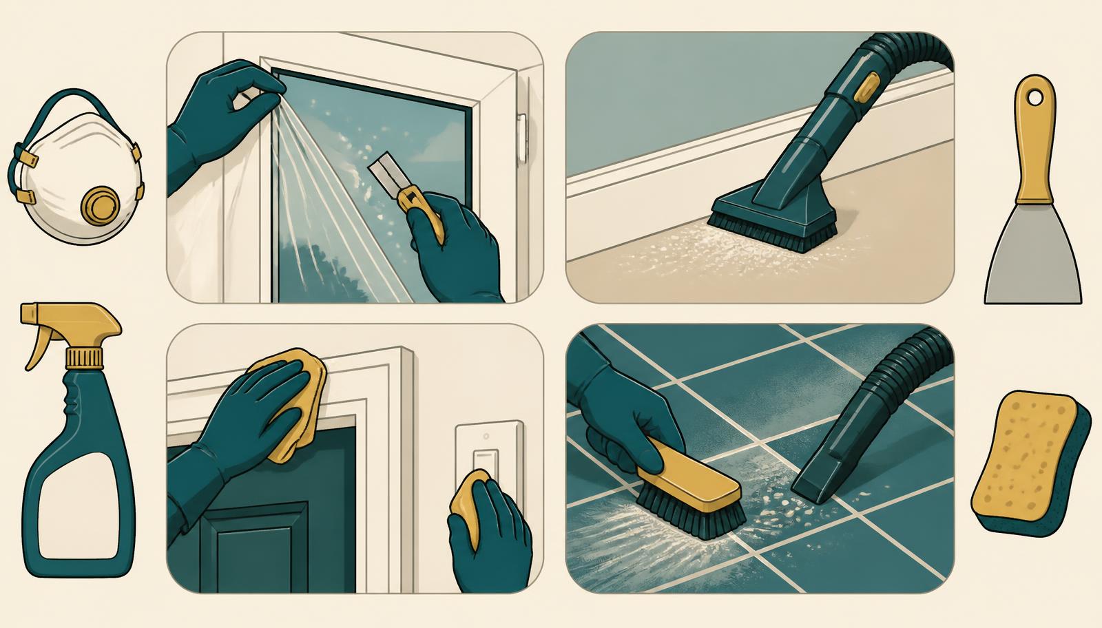 Illustration of post-construction detail work — peeling protective film and scraping paint from new glazing, HEPA vacuuming plaster dust from skirtings, wiping dust from door frames and switches, and clearing grout haze from new tiles — Edgware HA8