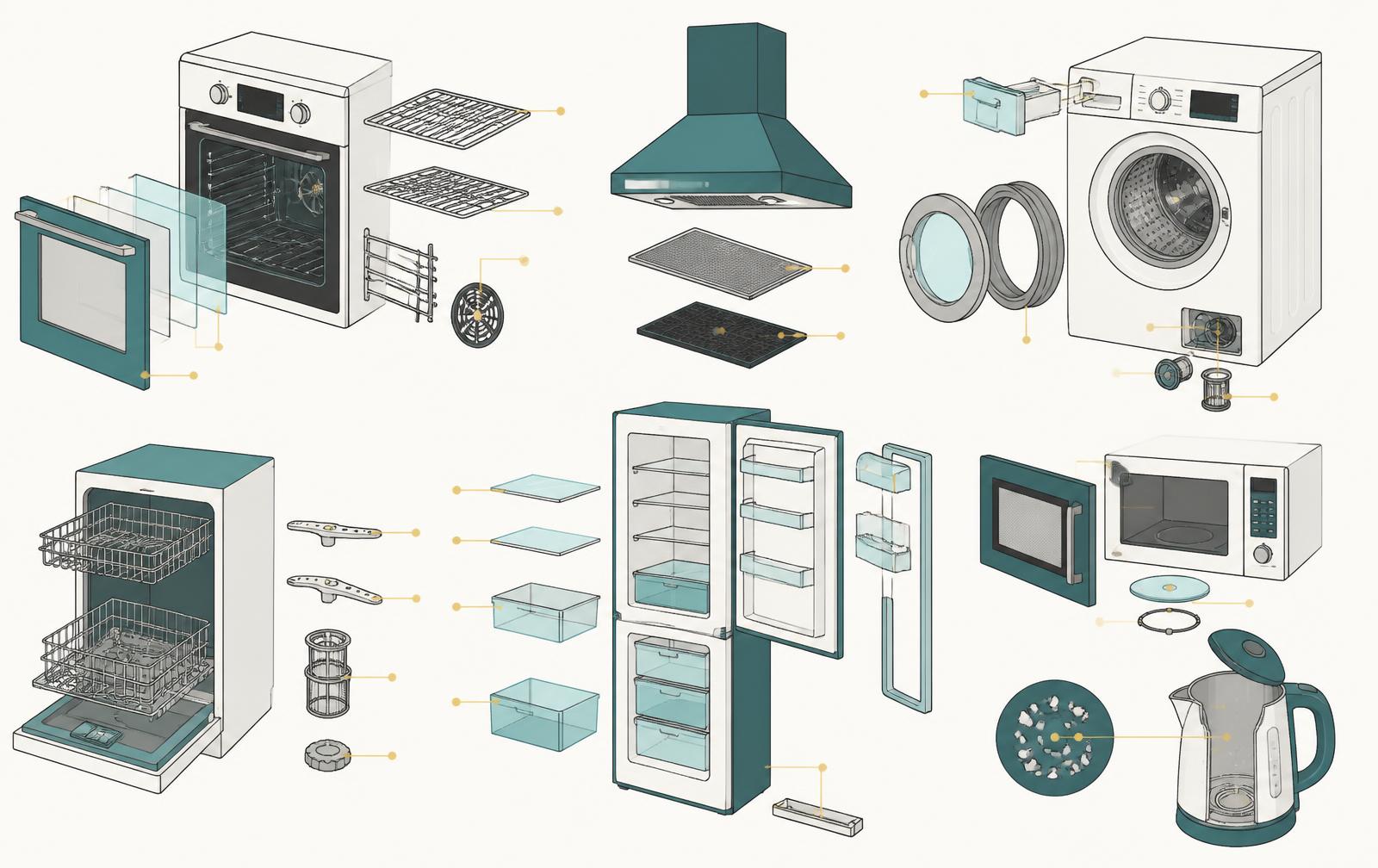 Exploded diagram illustration of appliance parts we clean — oven door glass, racks and fan cover, hood grease filter, washing machine seal and pump filter, dishwasher spray arms and filter, fridge shelves and gasket, microwave and kettle — Hackney