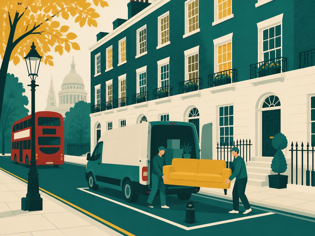 Illustration of a central London Georgian terrace with a Hello Services van in a permit bay and movers carrying a sofa — Clapton, E5 in Hackney
