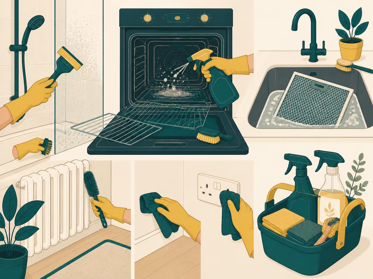 Illustration of deep cleaning detail work — descaling a shower screen, degreasing an oven interior, soaking an extractor filter and wiping skirtings and sockets