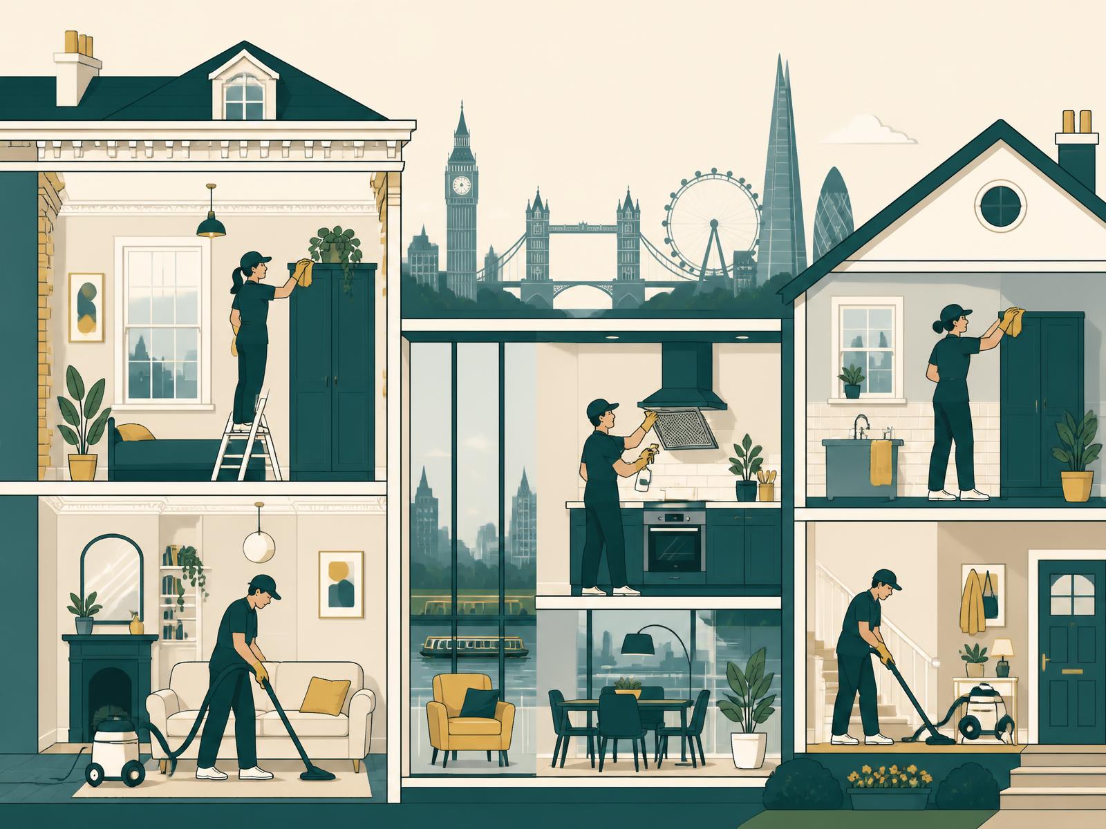 Illustration of Hello Services deep cleaners working across a Victorian conversion, a riverside new-build and a suburban London house with the city skyline behind
