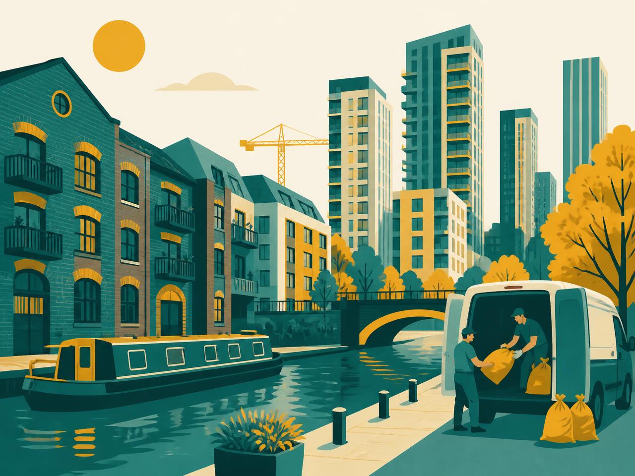 Illustration of east London canal-side warehouse flats and new-build towers with a Hello Services clearance crew loading waste bags — Forest Gate, E7 in Newham