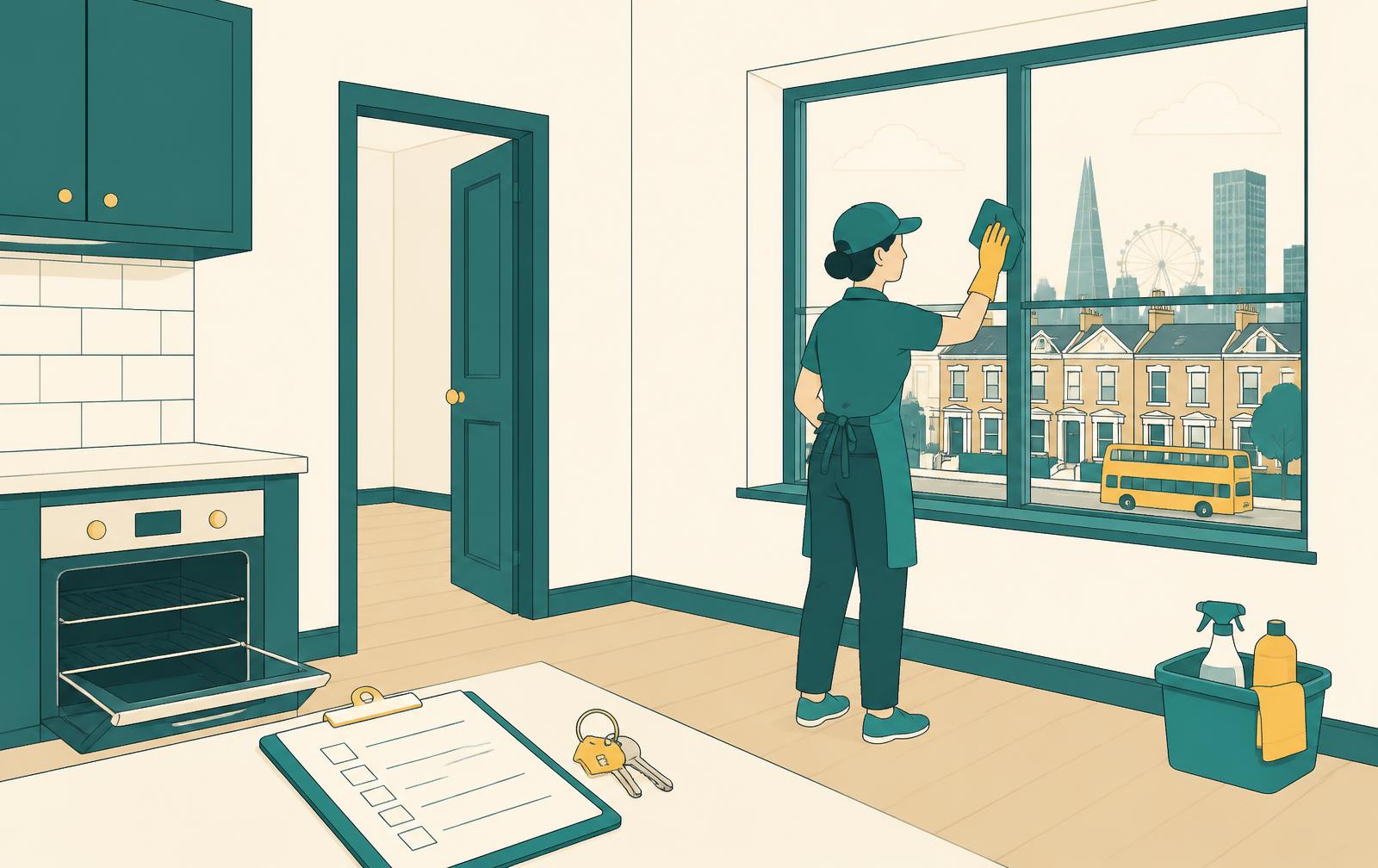 Illustration of a Hello Services end of tenancy crew leaving a cleaned London flat with keys, checklist and equipment beside a city skyline