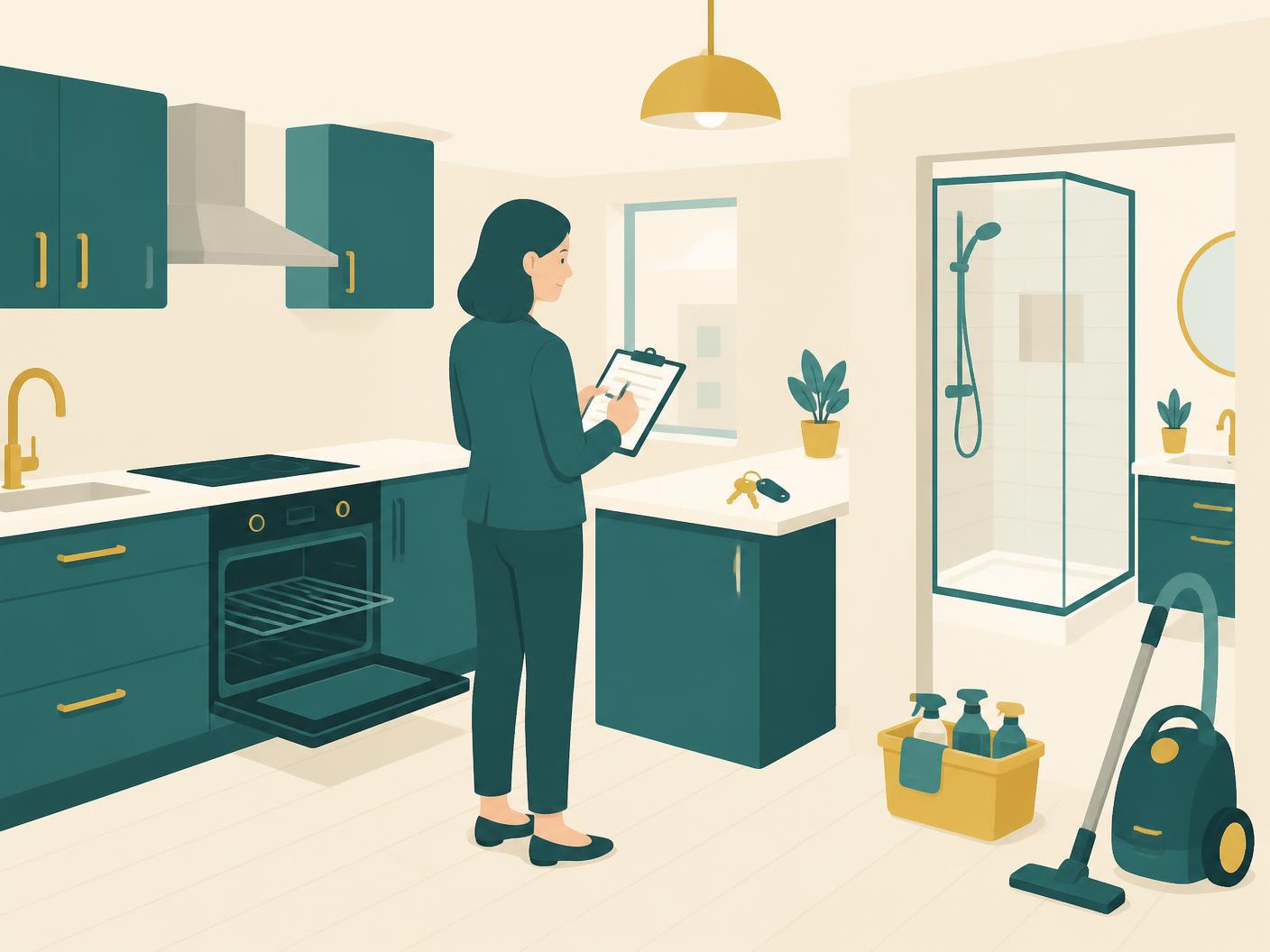 Illustration of an inventory clerk checking a room-by-room end of tenancy checklist against a freshly cleaned London flat — Hackney