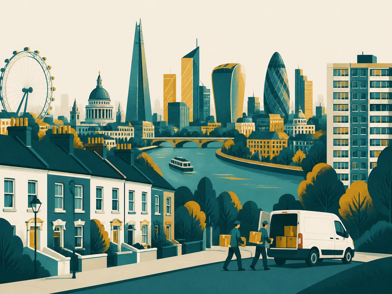 Illustration of the London skyline over the Thames with a Hello Services van and two-person crew loading boxes