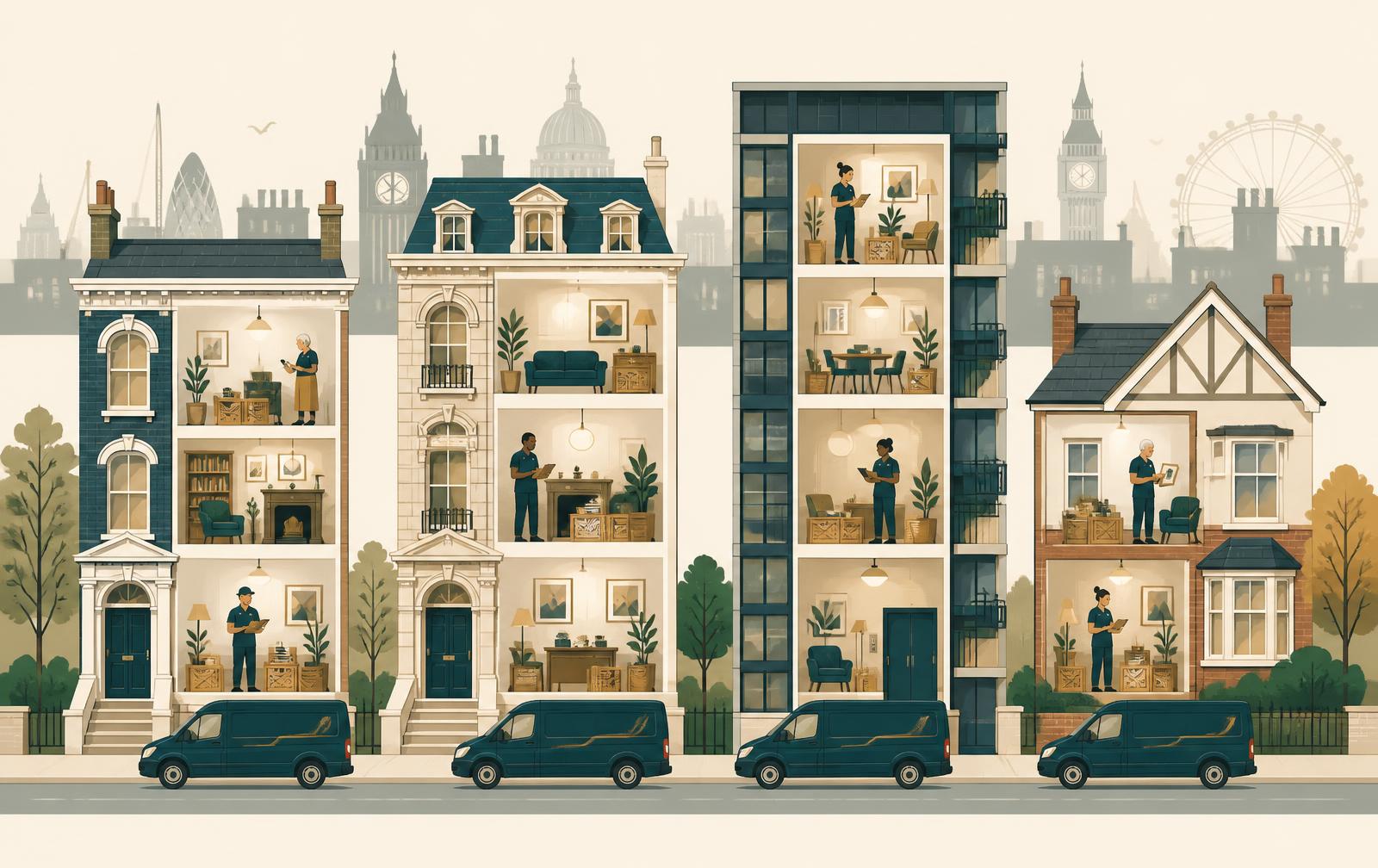 Illustration of compassionate clear-outs across London housing — a Victorian terrace, a mansion block, a tower block flat and a suburban semi, each with a calm sorting station and a team member present