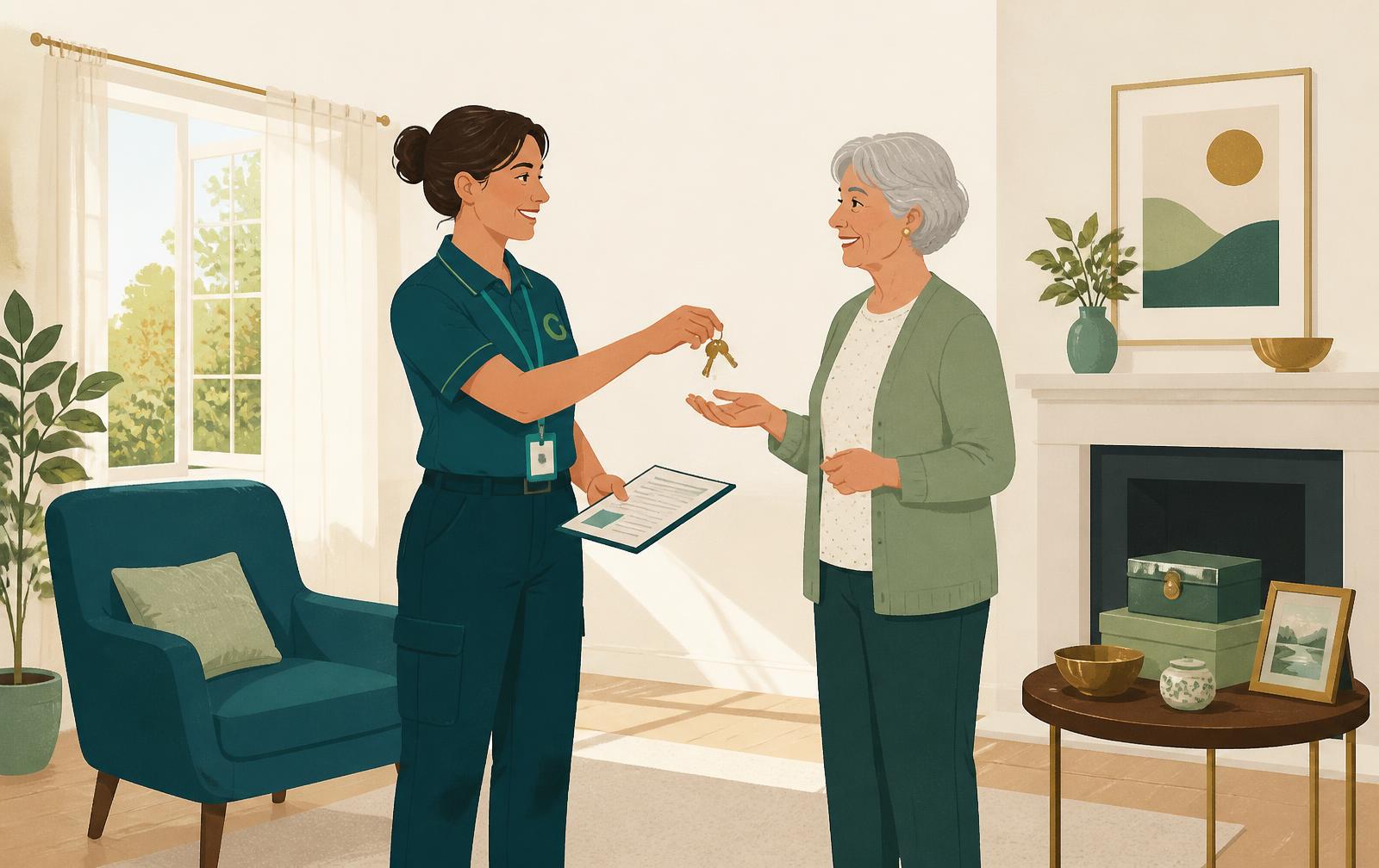 Illustration of hand-back day after a hoarder clean-up — a clear, softly lit living room where a Hello Services team member returns the keys and a written summary to the resident, with kept keepsakes boxed on a side table