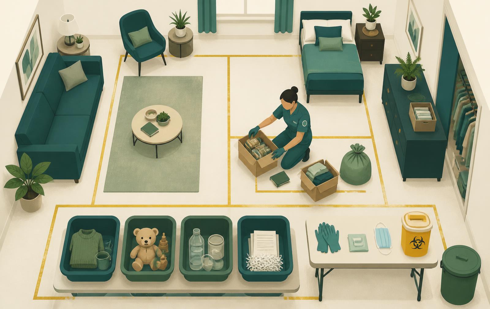 Diagram illustration of the staged clear-out method — a room worked in numbered zones, a four-tray sorting station for keep, donate, recycle and confidential paper, sharps container and PPE