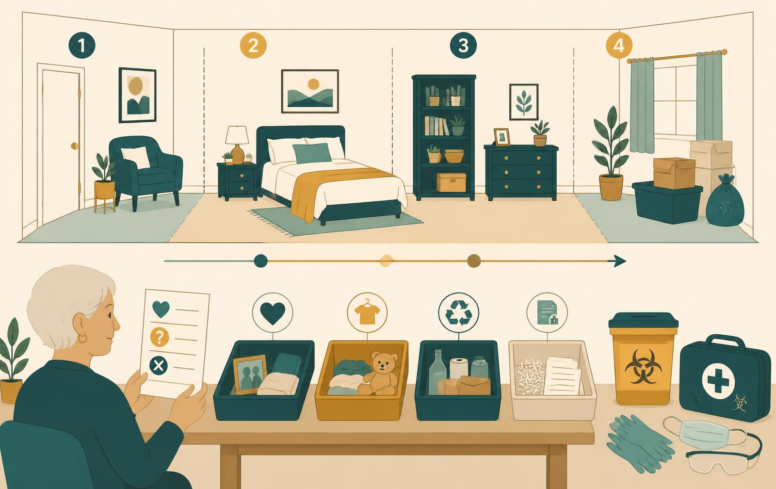 Diagram illustration of the staged clear-out method — a room worked in numbered zones, a four-tray sorting station for keep, donate, recycle and confidential paper, sharps container and PPE — hoarder clean-up across Barnet
