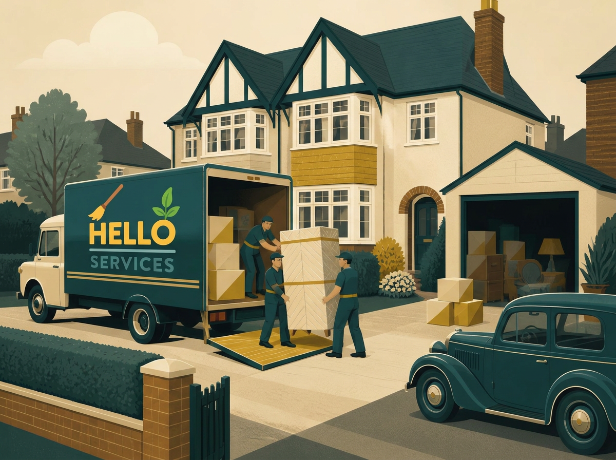 Illustration of a Hello Services crew loading a wrapped wardrobe into a Luton van reversed onto the driveway of a 1930s London semi with the garage open