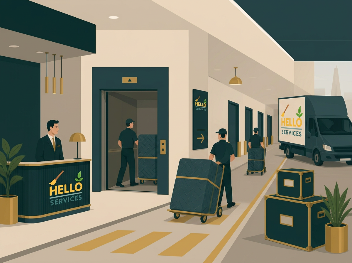Illustration of Hello Services movers using a London apartment tower loading bay and goods lift, with the concierge desk and a branded van in the bay behind them