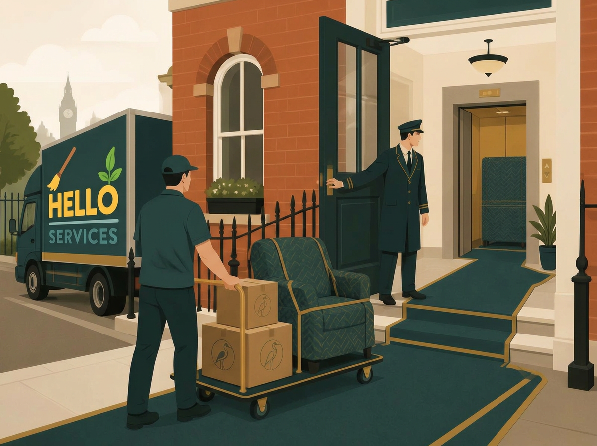 Illustration of a Hello Services mover wheeling a wrapped armchair into a London mansion block while a porter holds the door and the lift waits with floor protection down — Hackney Wick, E9