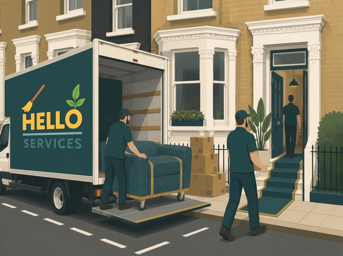 Illustration of a Hello Services removals crew loading a branded Luton van outside a London Victorian terrace, tail lift down, a blanket-wrapped sofa on a trolley and labelled boxes by the front door — Clapton, E5
