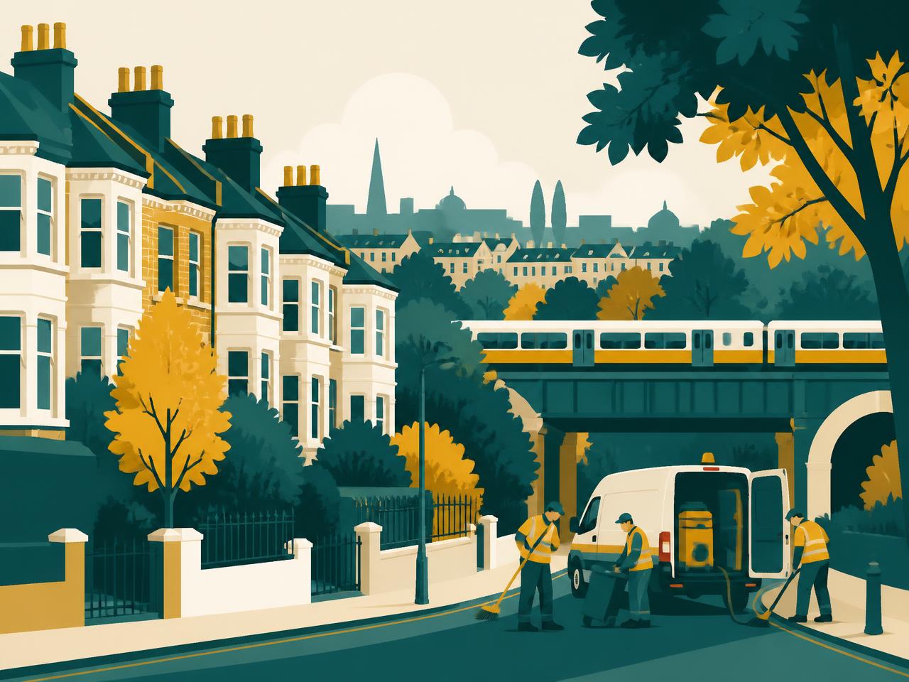 Illustration of a north London Victorian terraced street with a railway bridge and a Hello Services cleaning crew at work — High Barnet, EN5 in Barnet