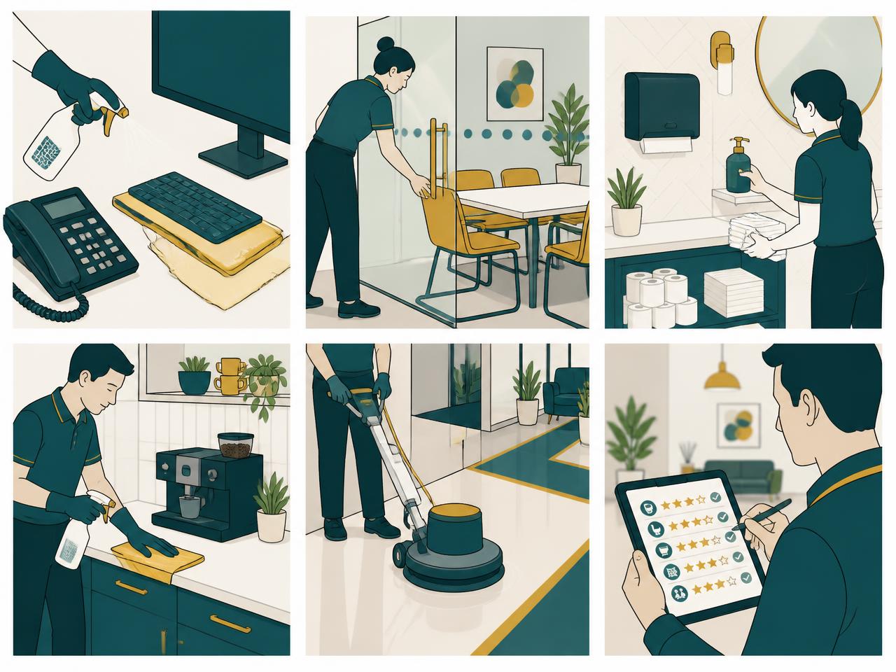 Illustration of office cleaning detail work — desk touch points and keyboards sanitised, a glass meeting room reset, a washroom serviced and restocked, a kitchen worktop and coffee machine cleaned, a hard floor traffic lane machine-buffed, and a supervisor scoring an audit on a tablet — Northolt UB5