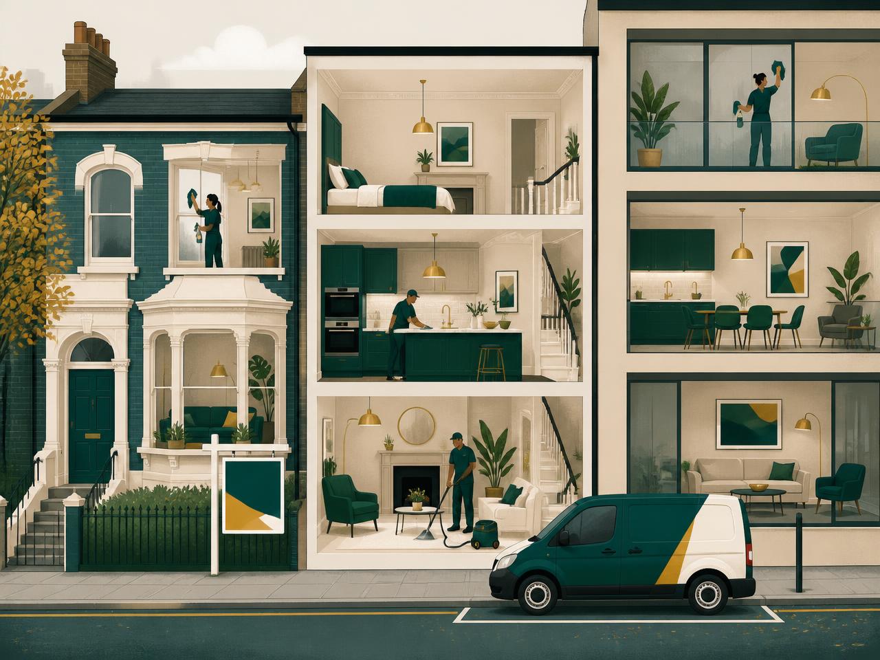 Illustration of London homes being prepared for sale — a Victorian terrace with a For Sale board, a period conversion flat and a new-build apartment shown in cross-section while a Hello Services team polishes windows, wipes a kitchen worktop and extracts a living room carpet