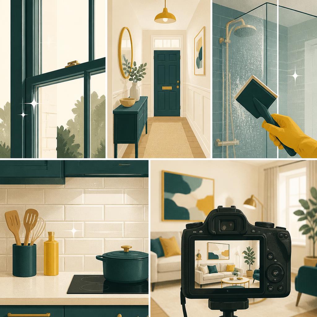 Illustration of pre-sale presentation detail — a streak-free sash window, a decluttered hallway, limescale being squeegeed from a shower screen, a polished kitchen splashback and a camera framing a bright living room for property photography — Hackney