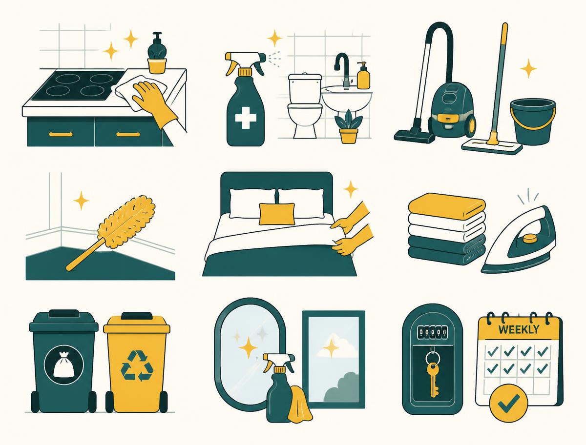 Illustration grid of routine cleaning tasks — kitchen worktop and hob, bathroom sanitising, vacuum and mop, dusting skirtings, changing bed linen, folded laundry, bins and recycling, mirrors and glass, and a key safe beside a weekly calendar — Brent