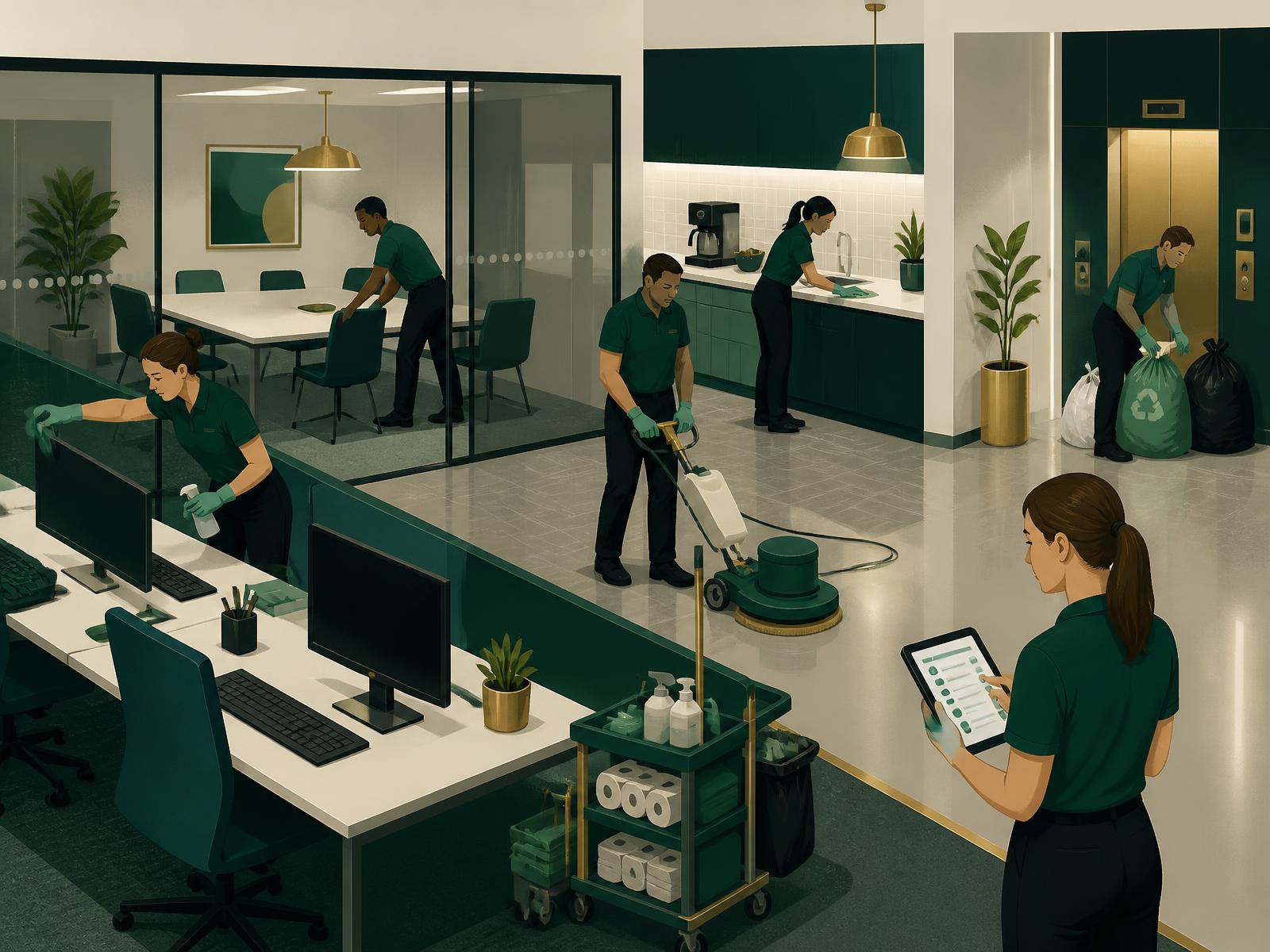 Commercial cleaning operative servicing an open-plan Greater Manchester office out of hours
