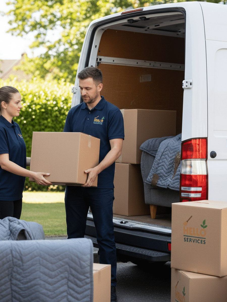 Hello Services removals team loading wrapped furniture and boxes into a moving van outside a UK home