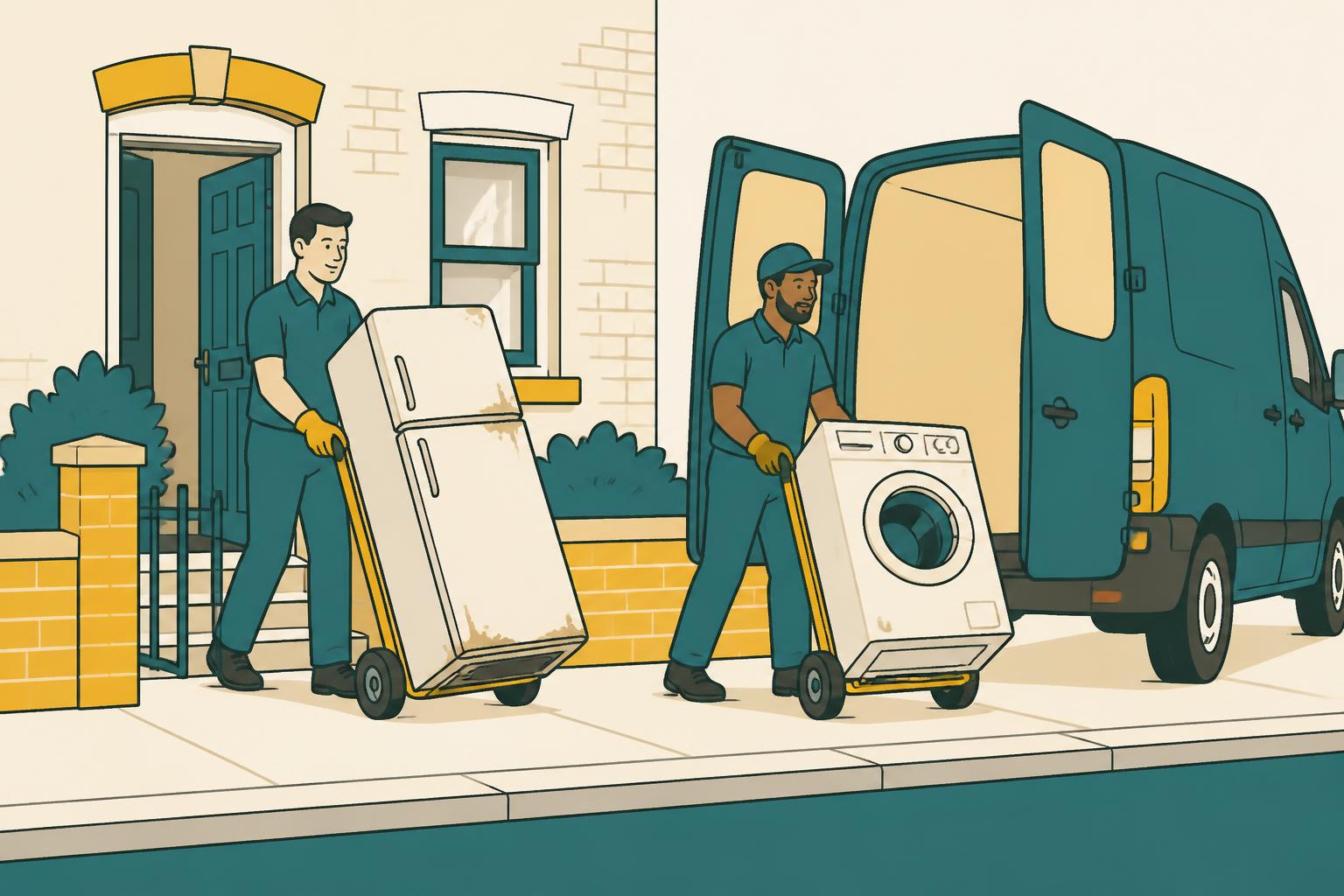 Hello Services clearance crew loading a fridge-freezer and washing machine wheeled out for WEEE recycling into a licensed van in Monton, Salford — typical local victorian and Edwardian villas along Monton Road