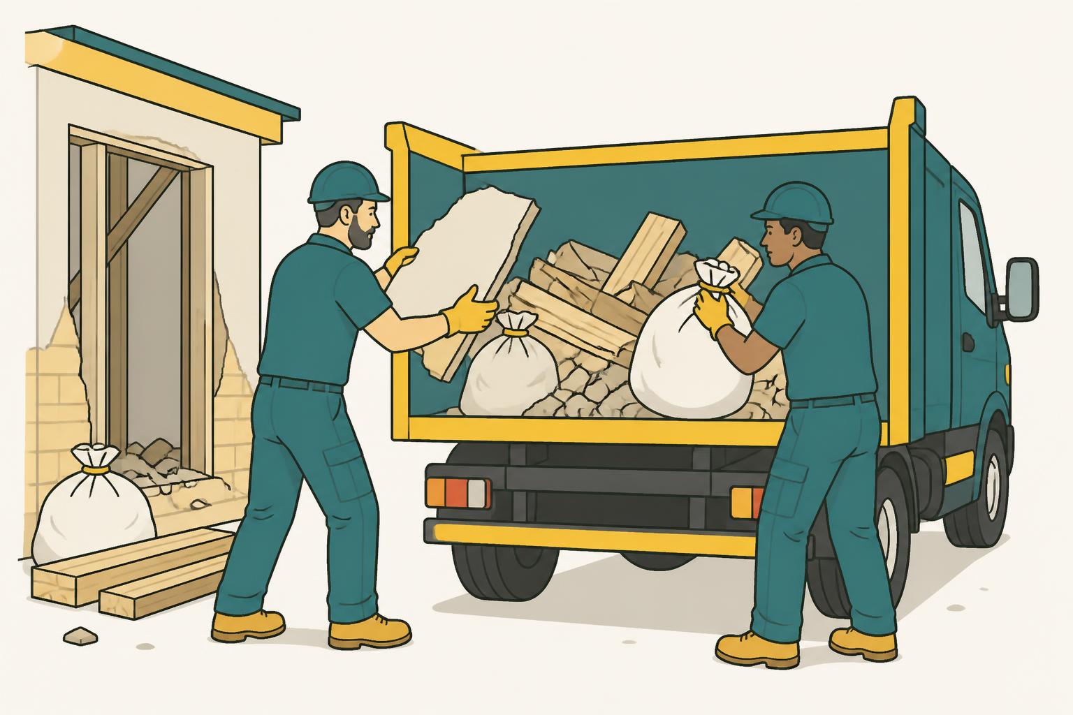 Hello Services clearance crew loading rubble bags, plasterboard and timber offcuts from a renovation into a licensed van in Offerton, Stockport — typical local interwar semis on the lower slopes