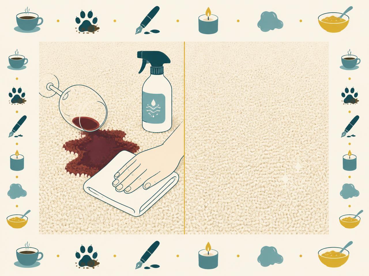 Illustration of carpet stain first aid — blotting a red wine spill with common household stains around the border