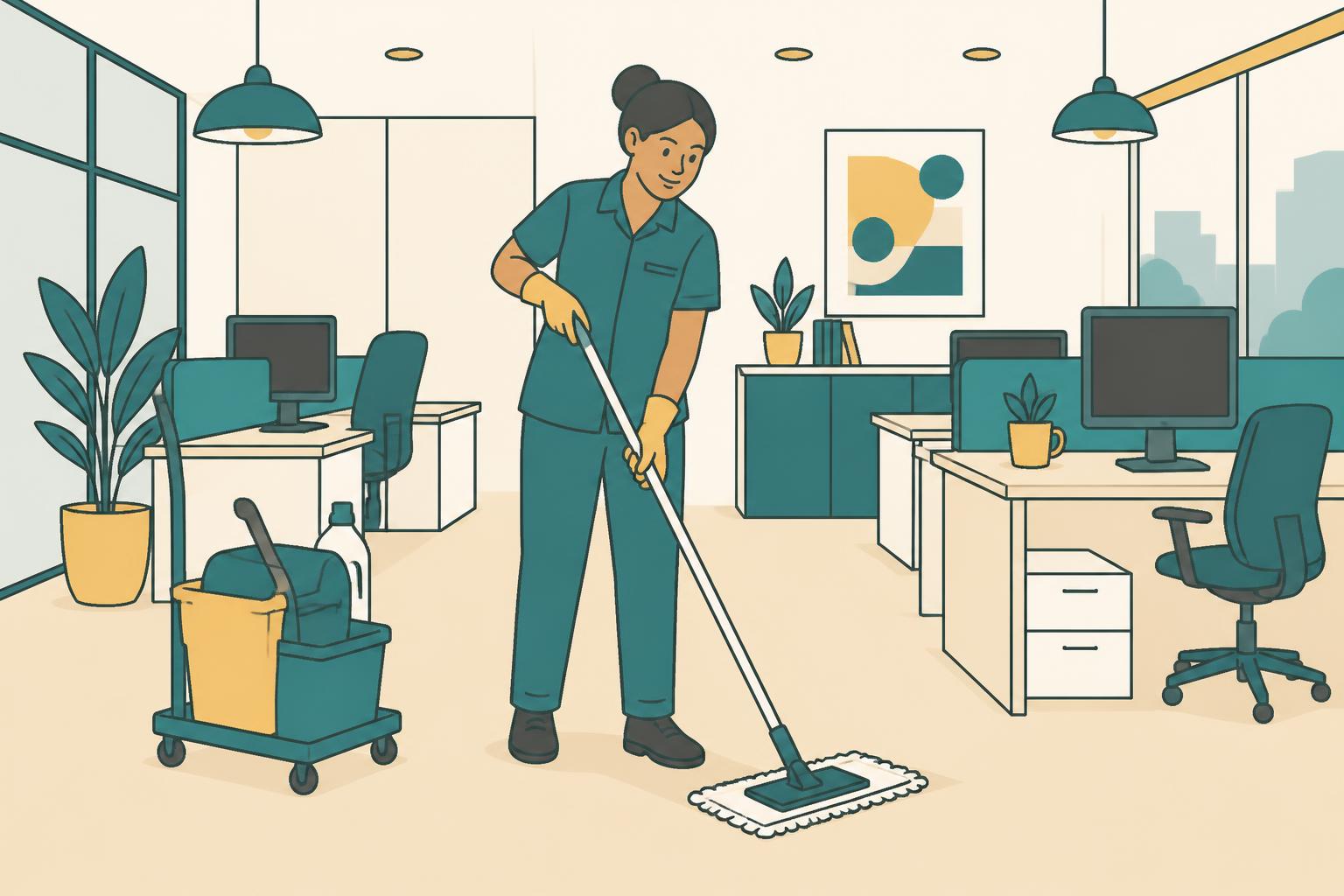 Hello Services office cleaning operative wiping workstations and monitors after hours in Haughton Green, Tameside, on a scheduled commercial contract